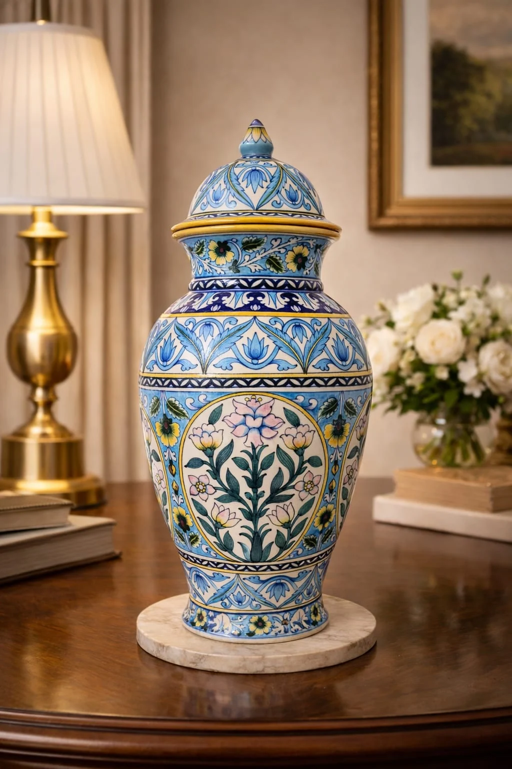 Turquoise Arabesque Vase — handmade Jaipur blue pottery from the Vases & Urns collection