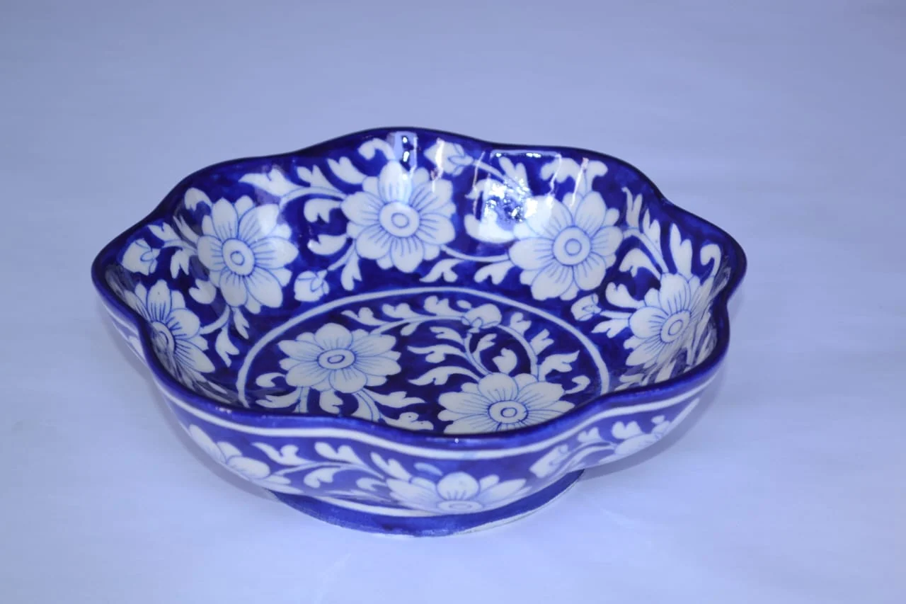 Cobalt Jasmine Scalloped Bowl — handmade Jaipur blue pottery from the Serving & Tableware collection