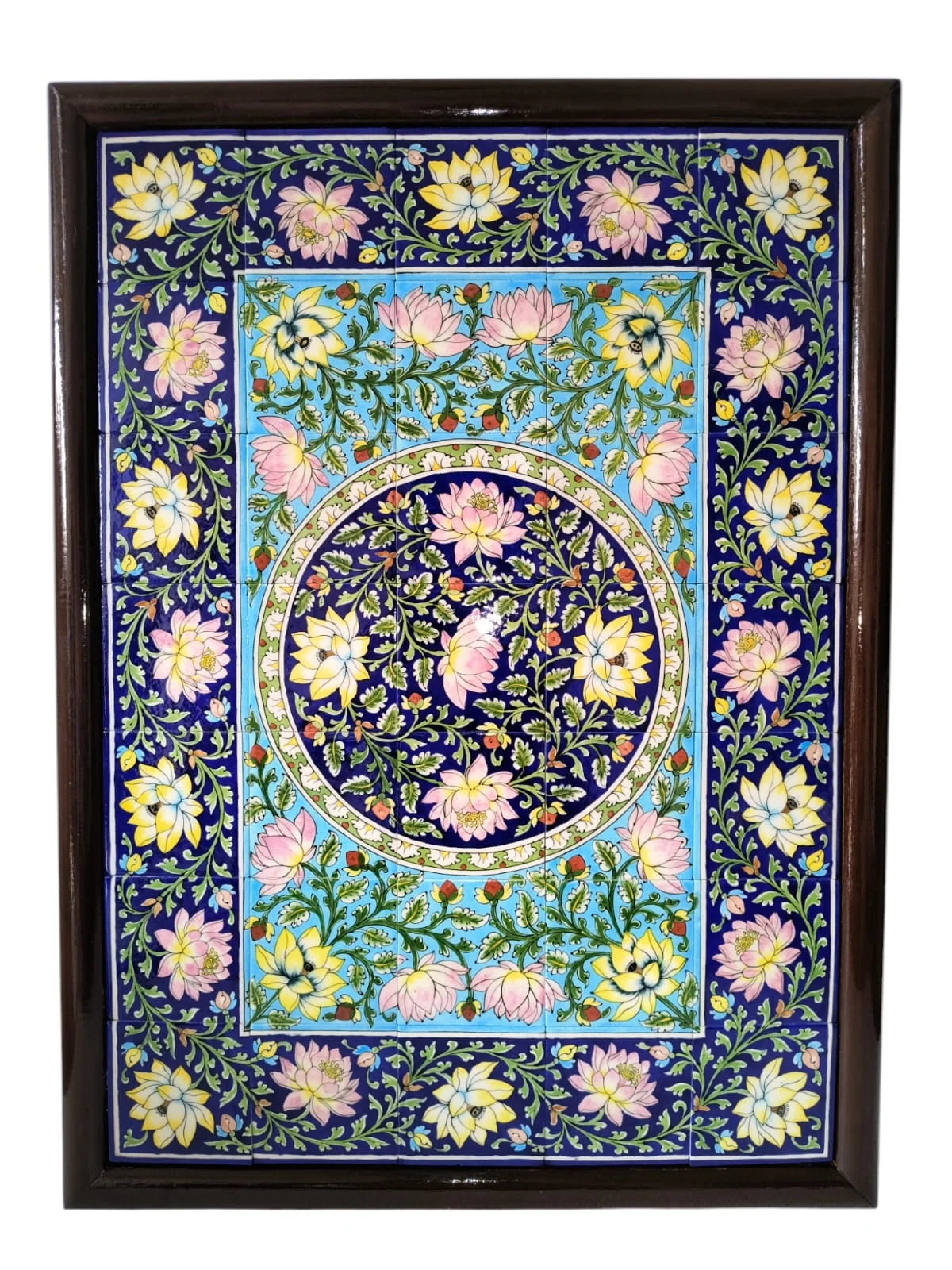 Framed Lotus Medallion Mural — handmade Jaipur blue pottery from the Home Decor collection