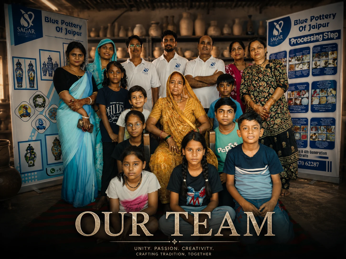 The team of Sagar Blue Art Pottery together at the family workshop in Jaipur