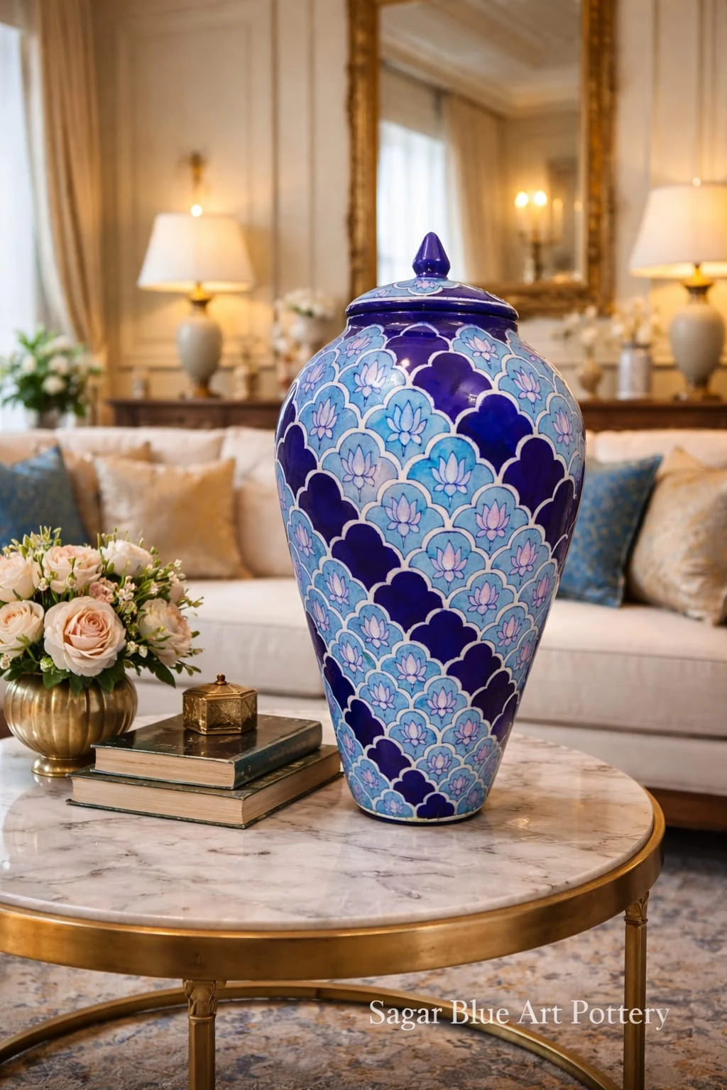 Cobalt Lattice Lidded Vase — handmade Jaipur blue pottery from the Vases & Urns collection