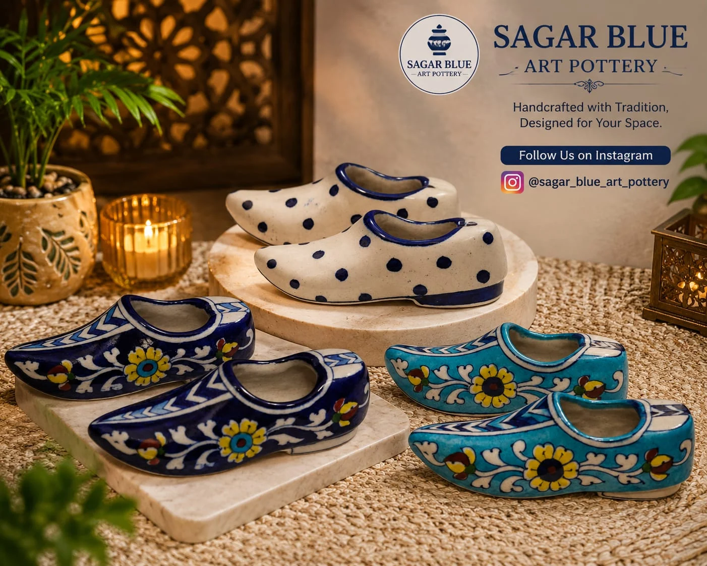 Jutti Tealight Holders — handmade Jaipur blue pottery from the Diyas & Candle Holders collection