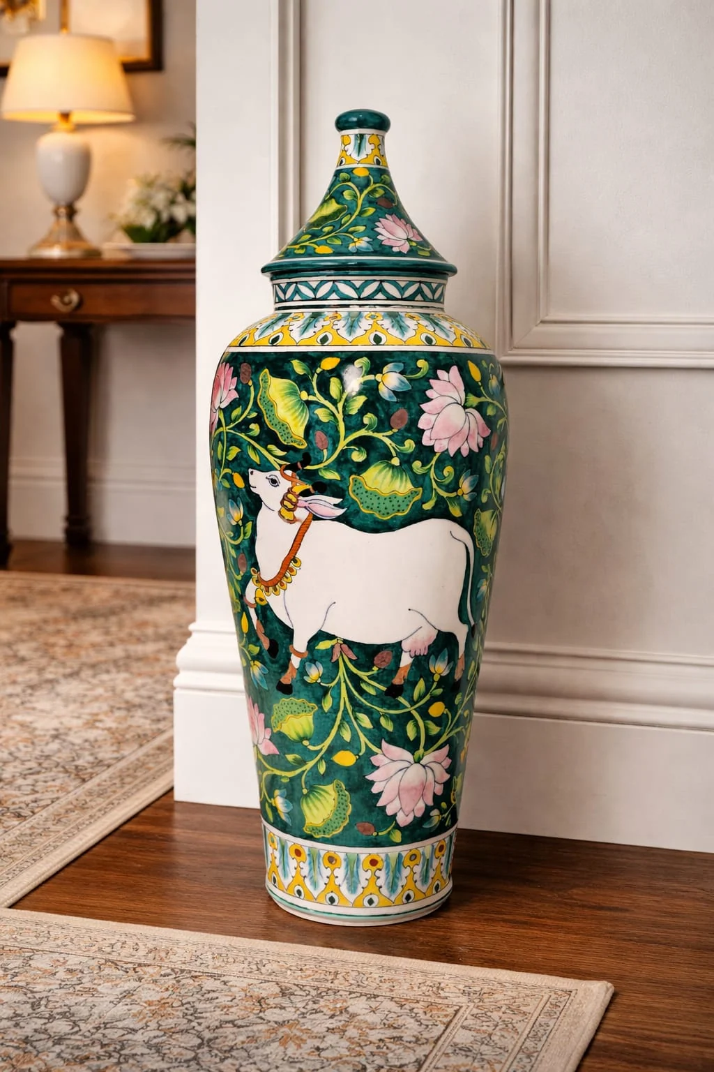 Lotus & Kamdhenu Tall Urn — handmade Jaipur blue pottery from the Vases & Urns collection