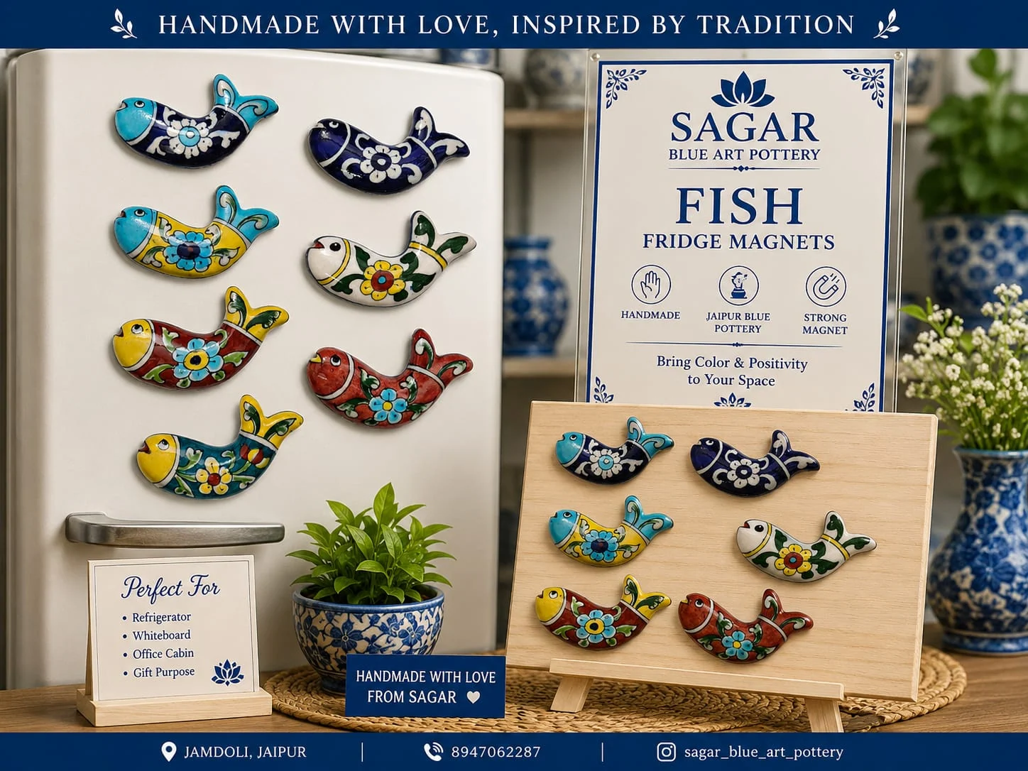 Fish Fridge Magnets — handmade Jaipur blue pottery from the Fridges & Magnets collection