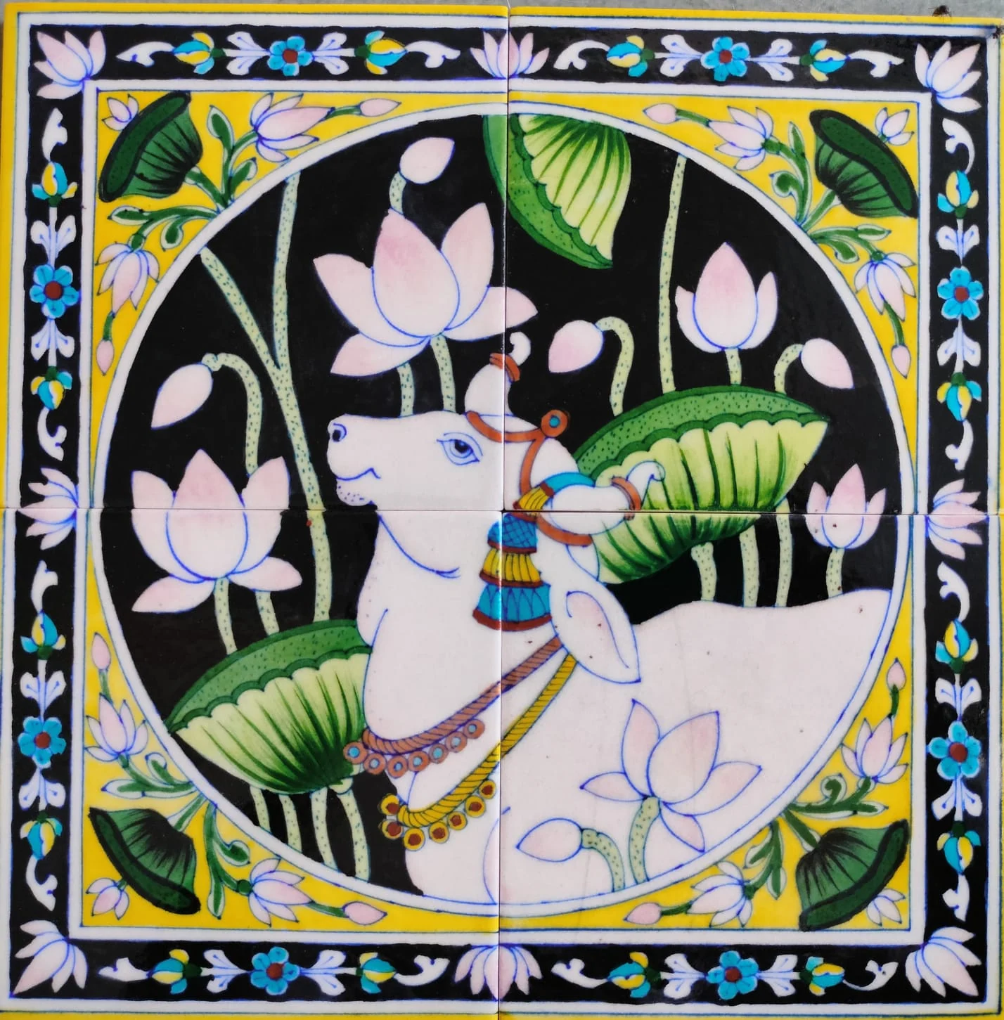 Kamdhenu Tile Panel — handmade Jaipur blue pottery from the Home Decor collection
