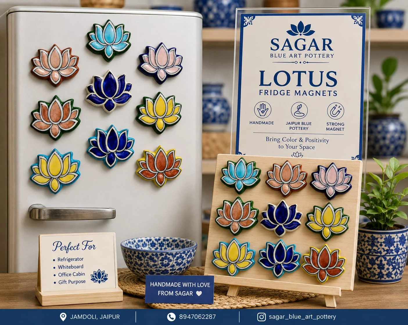 Lotus Fridge Magnets — handmade Jaipur blue pottery from the Fridges & Magnets collection