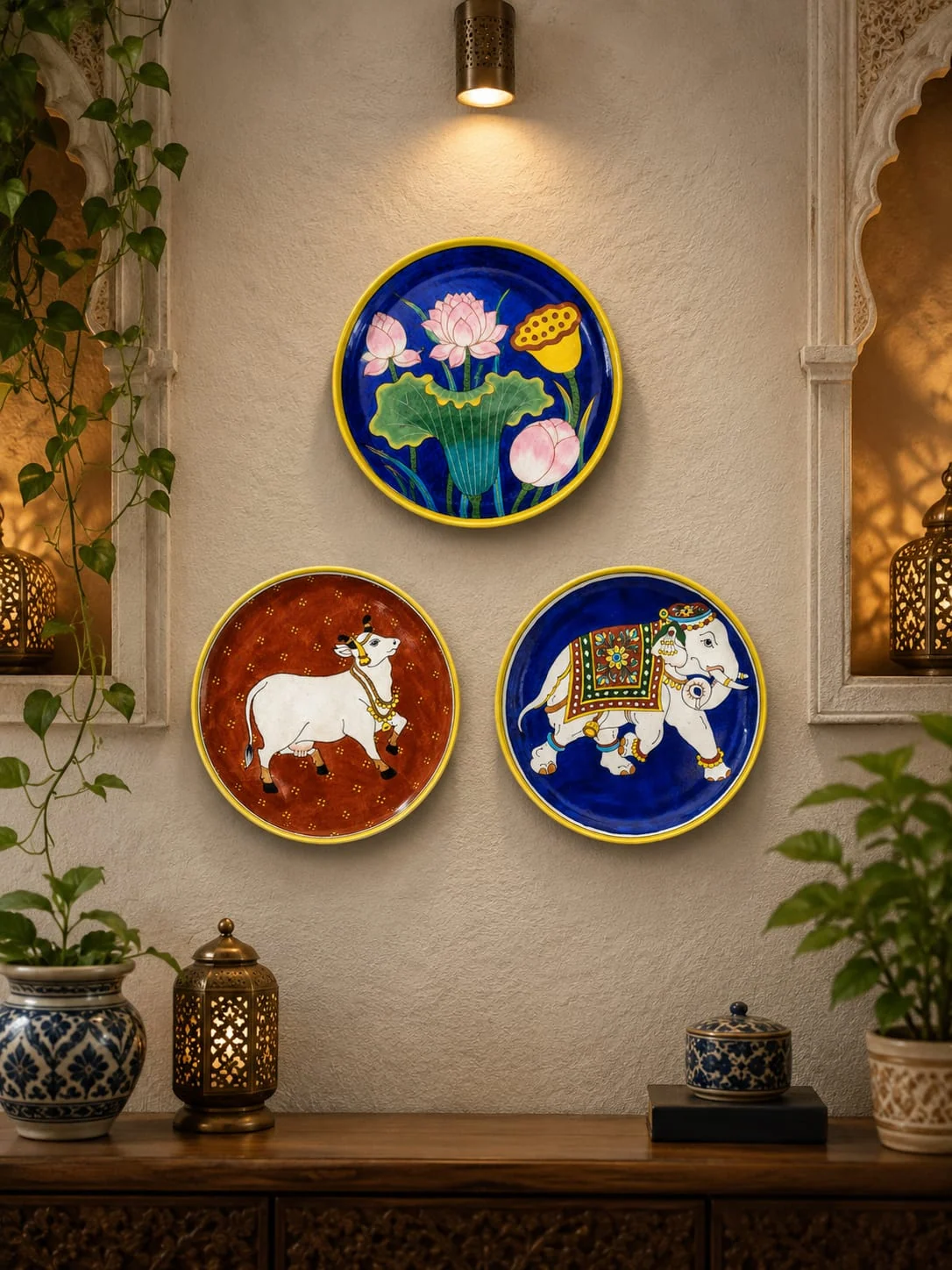 Curated Wall Plate Arrangement — handmade Jaipur blue pottery from the Home Decor collection