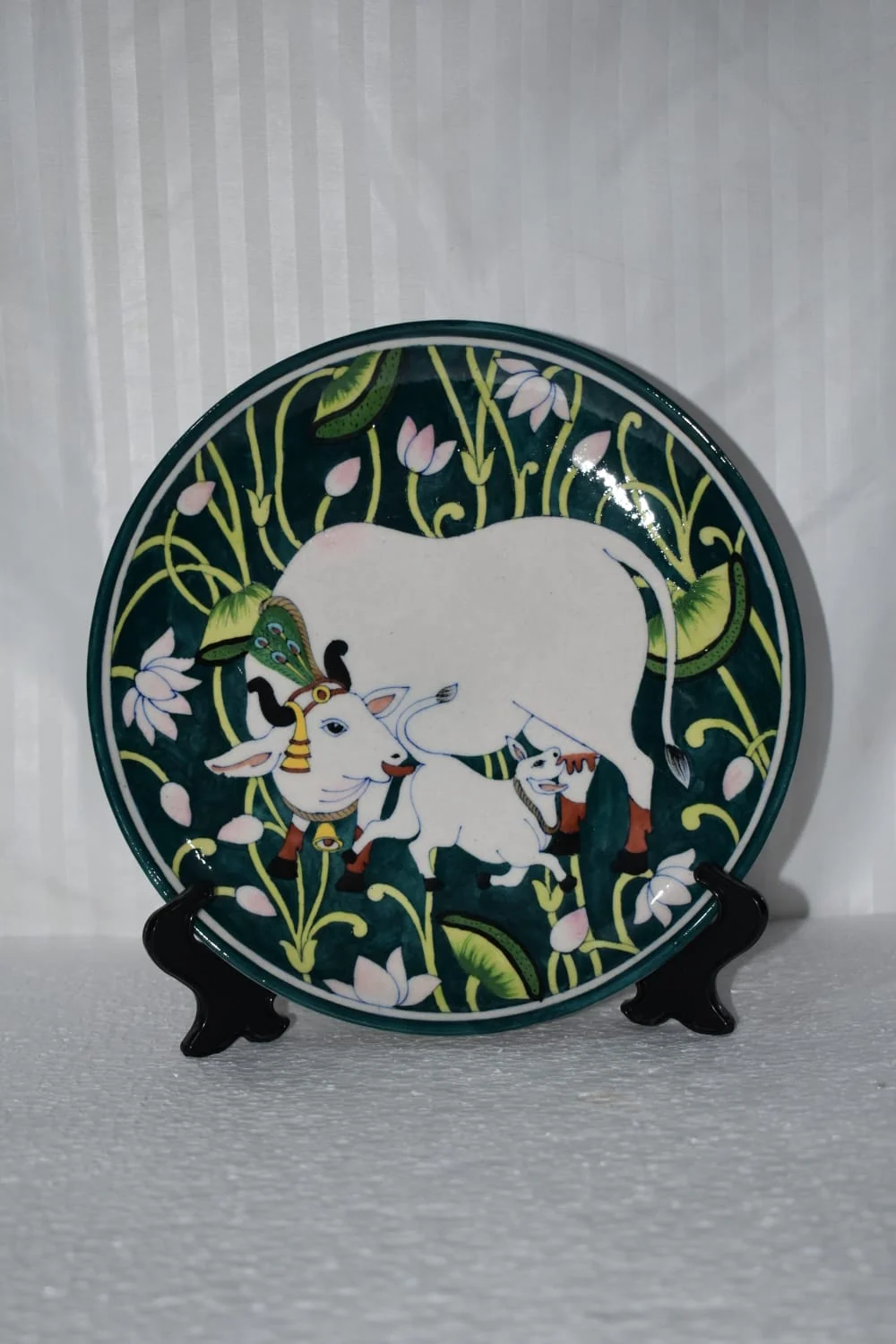 Kamdhenu & Lotus Plate — handmade Jaipur blue pottery from the Plates & Wall Art collection