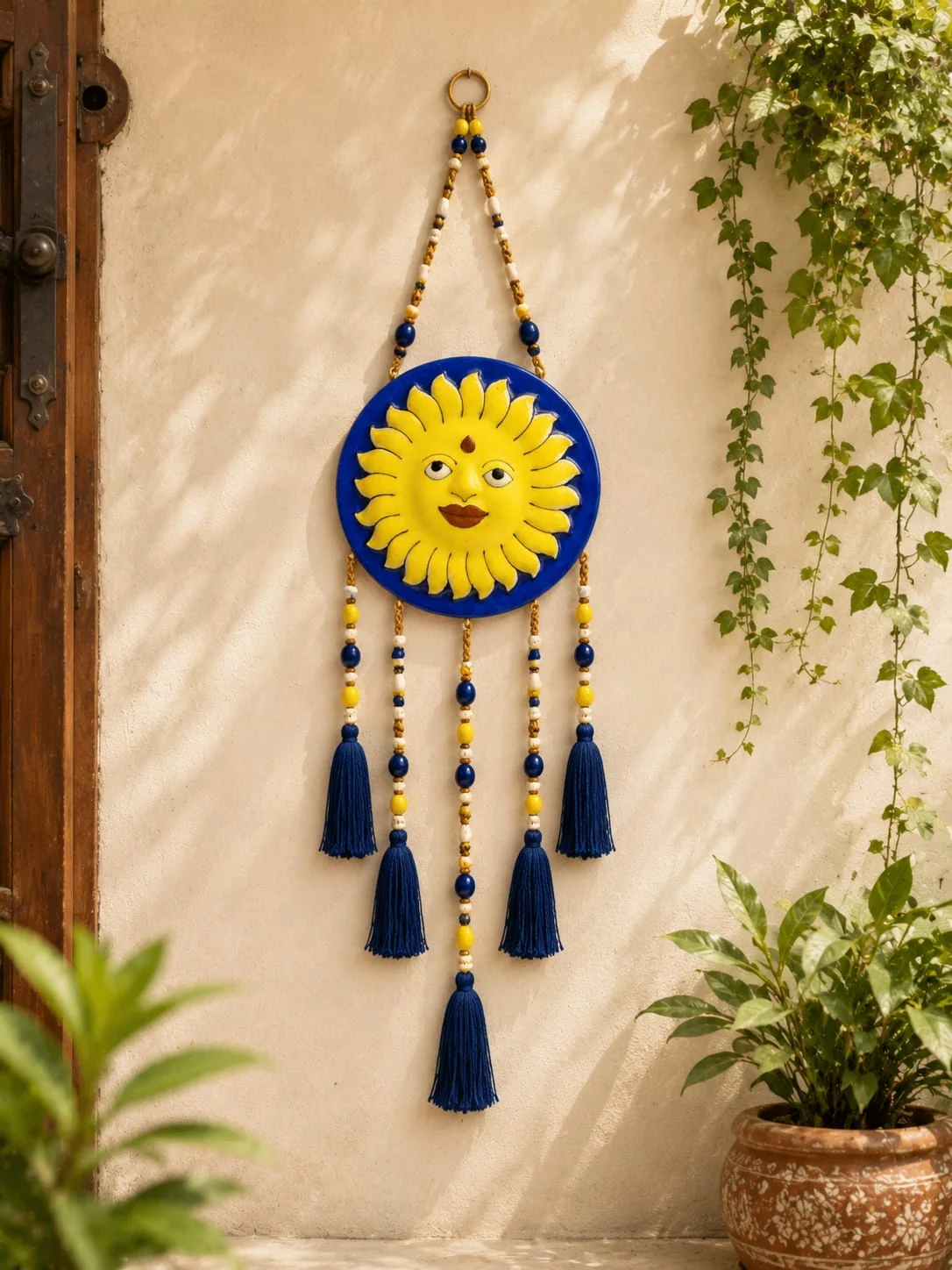 Cobalt Sun Wall Hanging — handmade Jaipur blue pottery from the Home Decor collection