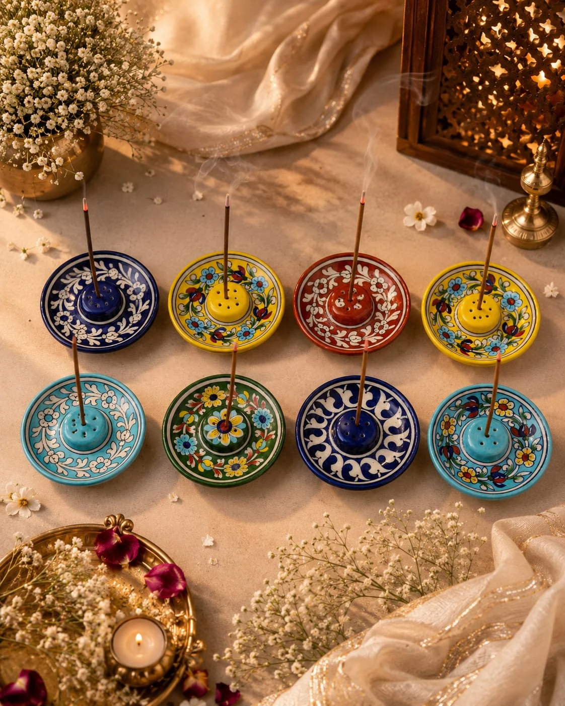 Marigold Diya Set — handmade Jaipur blue pottery from the Diyas & Candle Holders collection