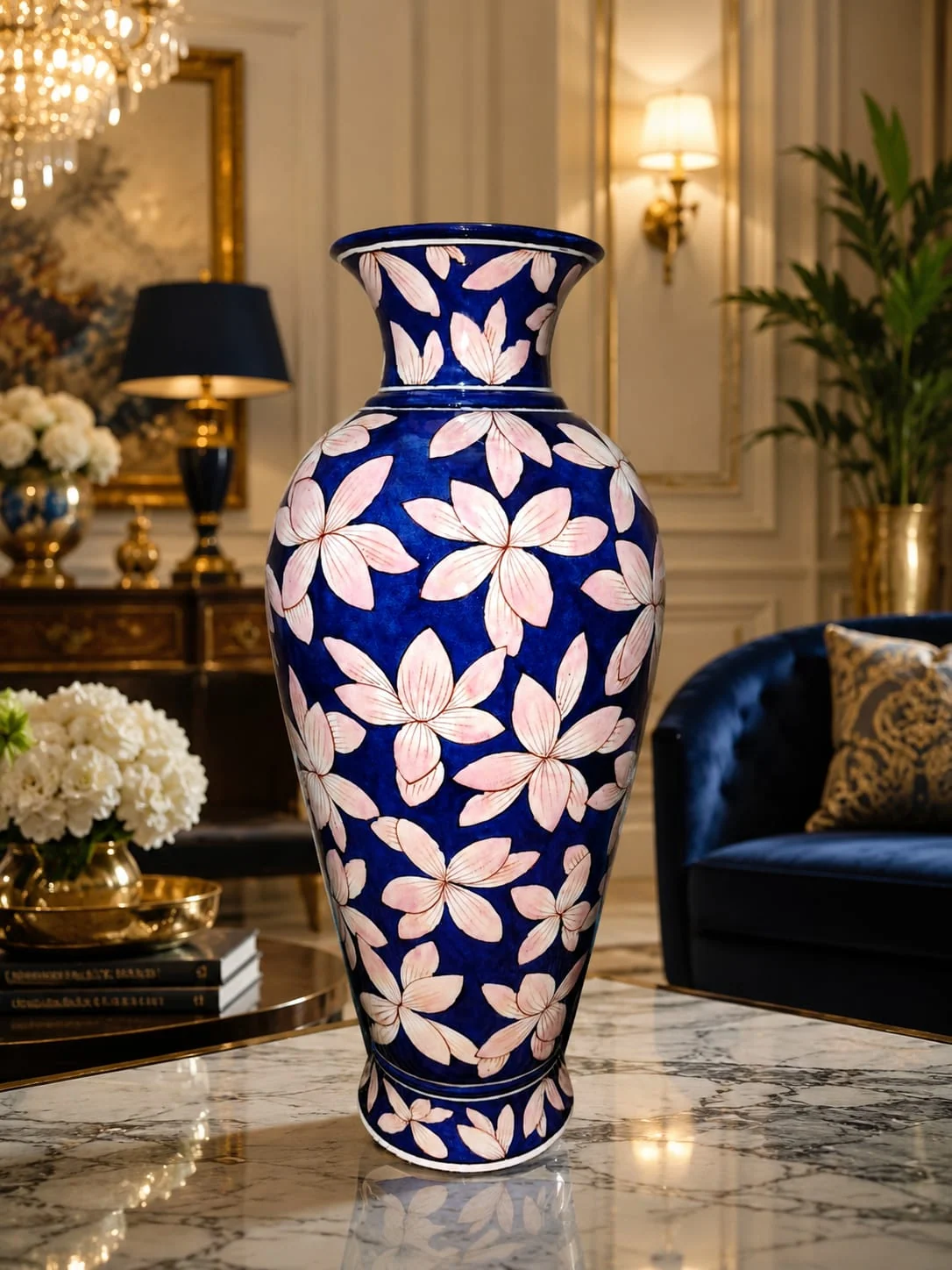 Indigo Jasmine Floor Vase — handmade Jaipur blue pottery from the Vases & Urns collection