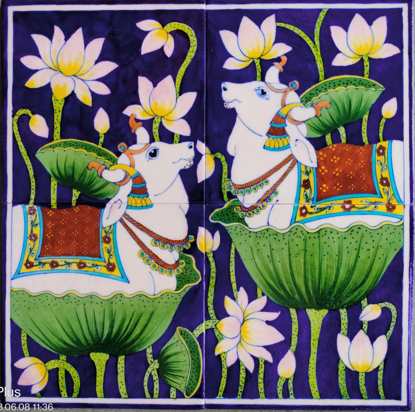 Lotus Kamdhenu Tile Diptych — handmade Jaipur blue pottery from the Home Decor collection