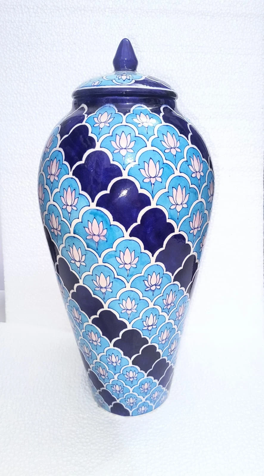 Cobalt Lattice Lidded Urn — handmade Jaipur blue pottery from the Vases & Urns collection