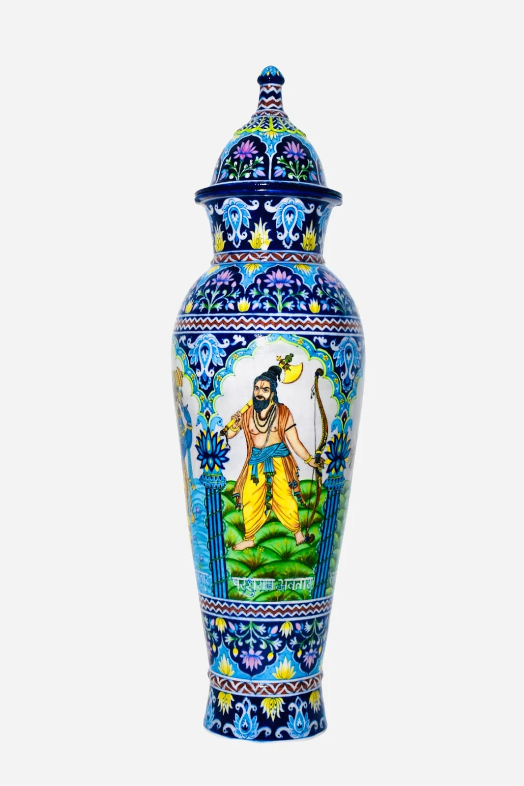 Peacock Panel Temple Urn — handmade Jaipur blue pottery from the Vases & Urns collection