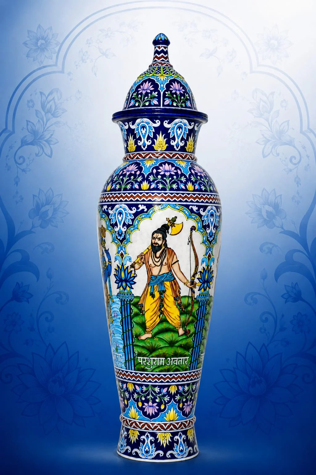 Miniature Panel Temple Urn IV — handmade Jaipur blue pottery from the Vases & Urns collection