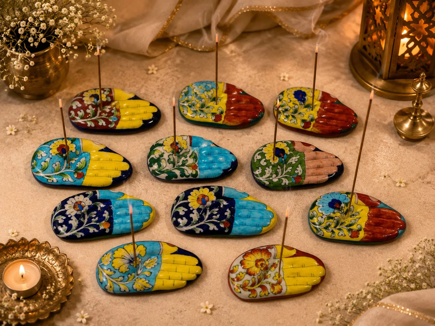 Painted Diya Set — handmade Jaipur blue pottery from the Diyas & Candle Holders collection