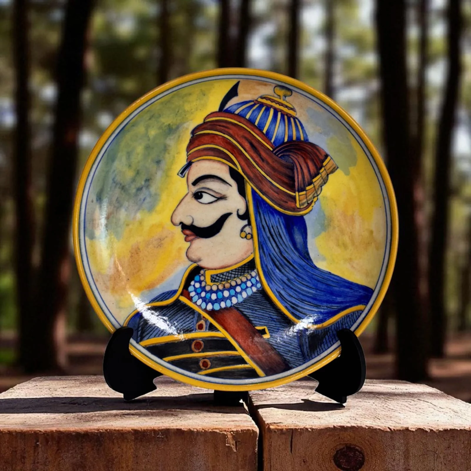 Rajput Portrait Plate — handmade Jaipur blue pottery from the Plates & Wall Art collection