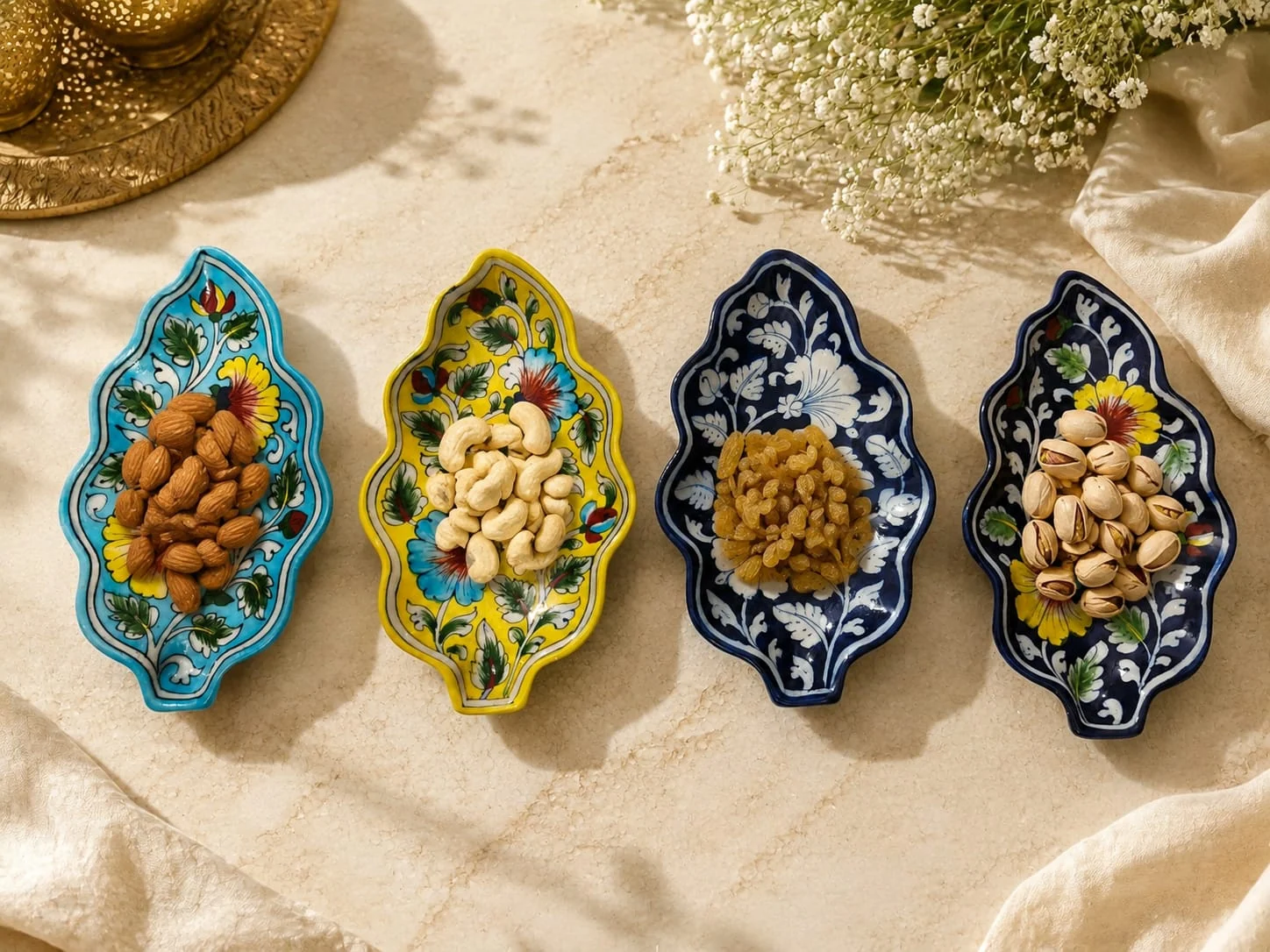 Leaf Dry Fruit Dishes — handmade Jaipur blue pottery from the Serving & Tableware collection
