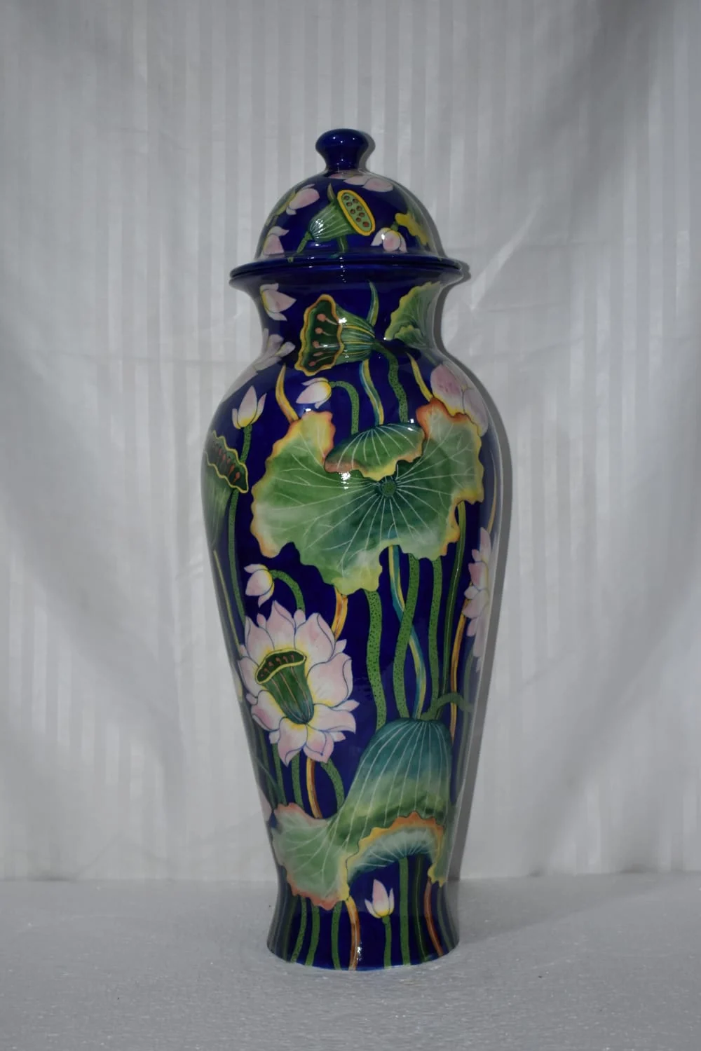 Midnight Lotus Lidded Urn — handmade Jaipur blue pottery from the Vases & Urns collection