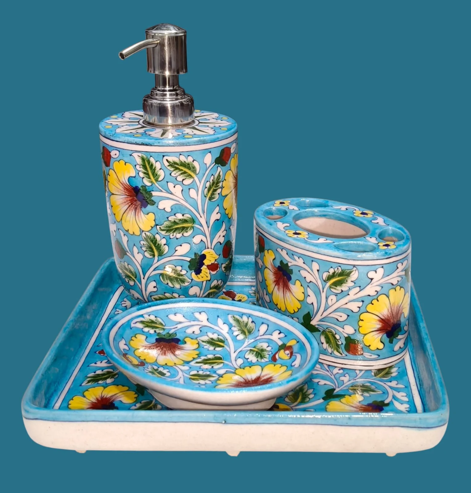 Marigold Bath Set — handmade Jaipur blue pottery from the Utility Products collection