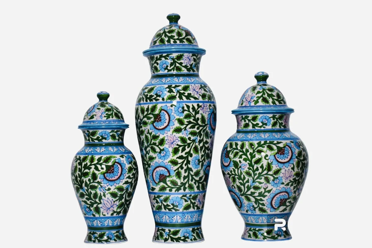 Lotus Vine Urn Trio — handmade Jaipur blue pottery from the Vases & Urns collection