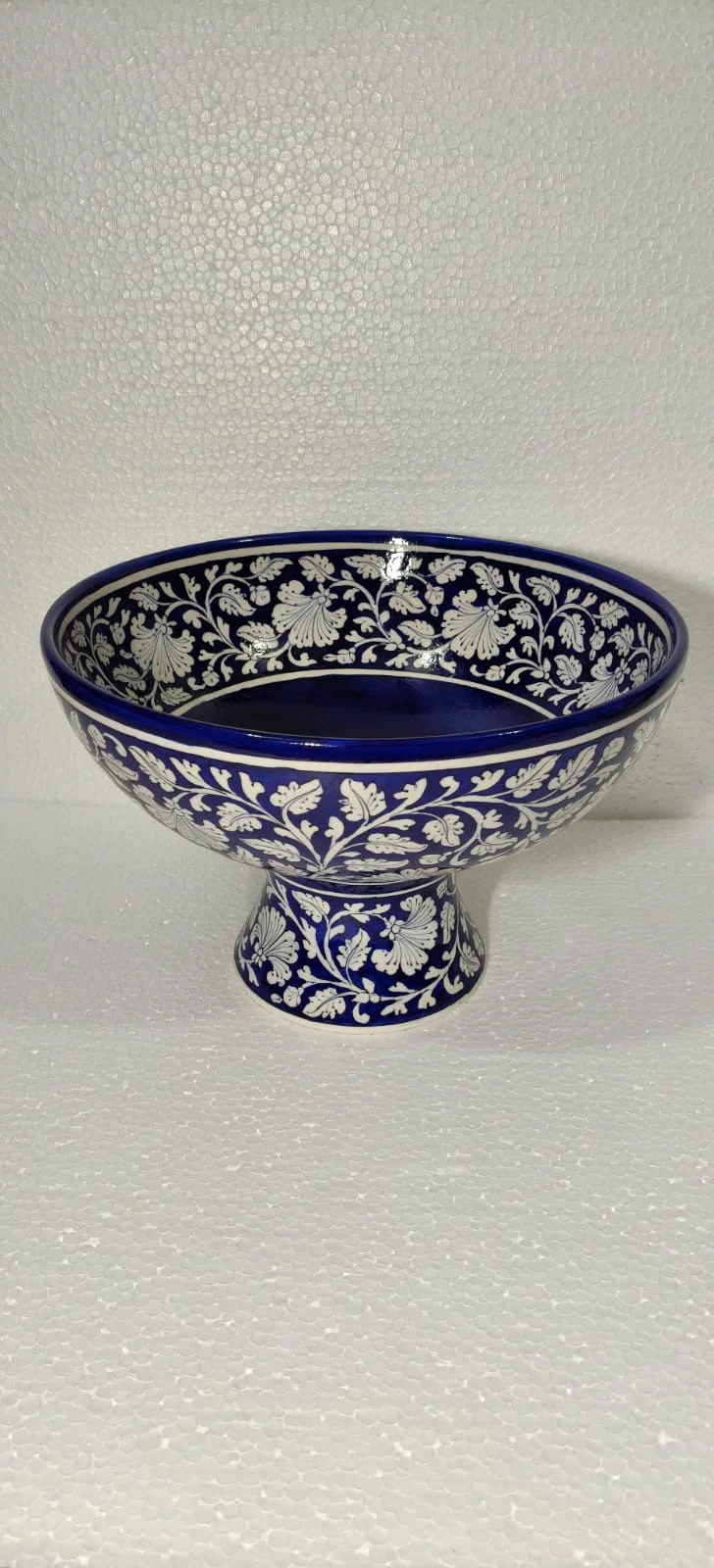 Cobalt Jasmine Pedestal Bowl — handmade Jaipur blue pottery from the Serving & Tableware collection
