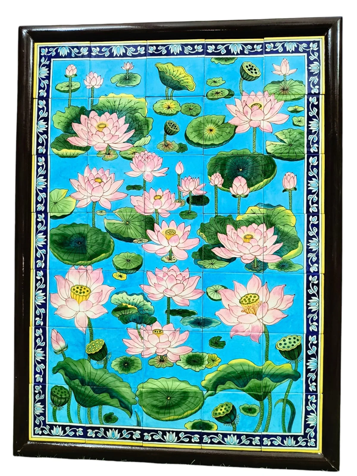 Lotus Pond Framed Tile Mural — handmade Jaipur blue pottery from the Home Decor collection
