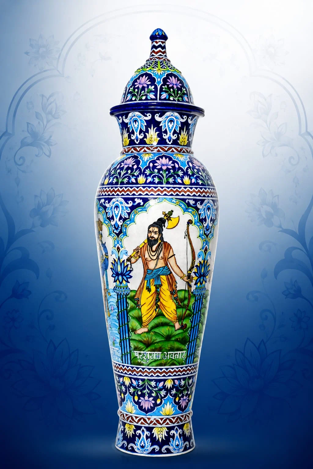 Radha Krishna Temple Urn — handmade Jaipur blue pottery from the Vases & Urns collection
