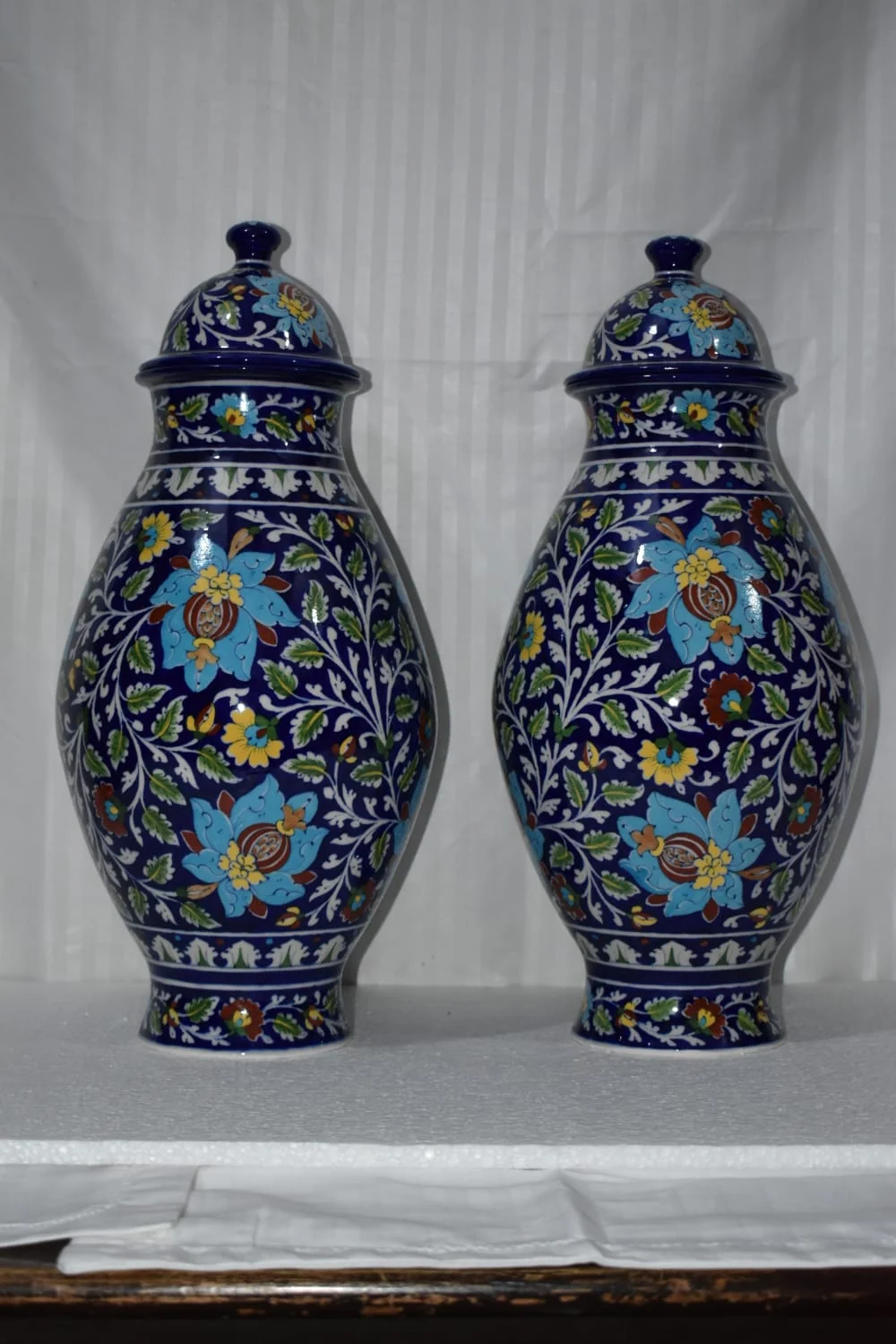 Pair of Indigo Blossom Urns — handmade Jaipur blue pottery from the Vases & Urns collection