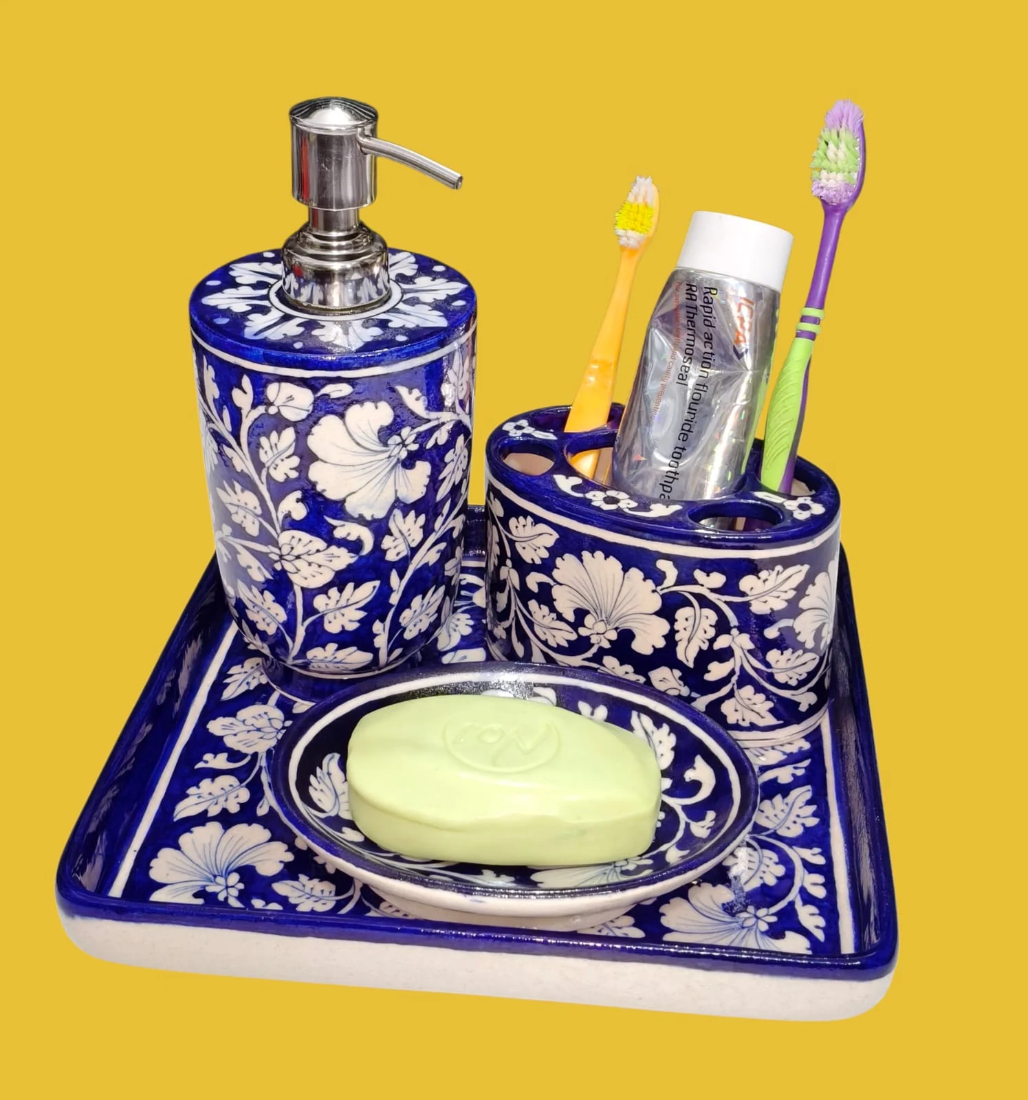 Cobalt Bath Set with Tray — handmade Jaipur blue pottery from the Utility Products collection