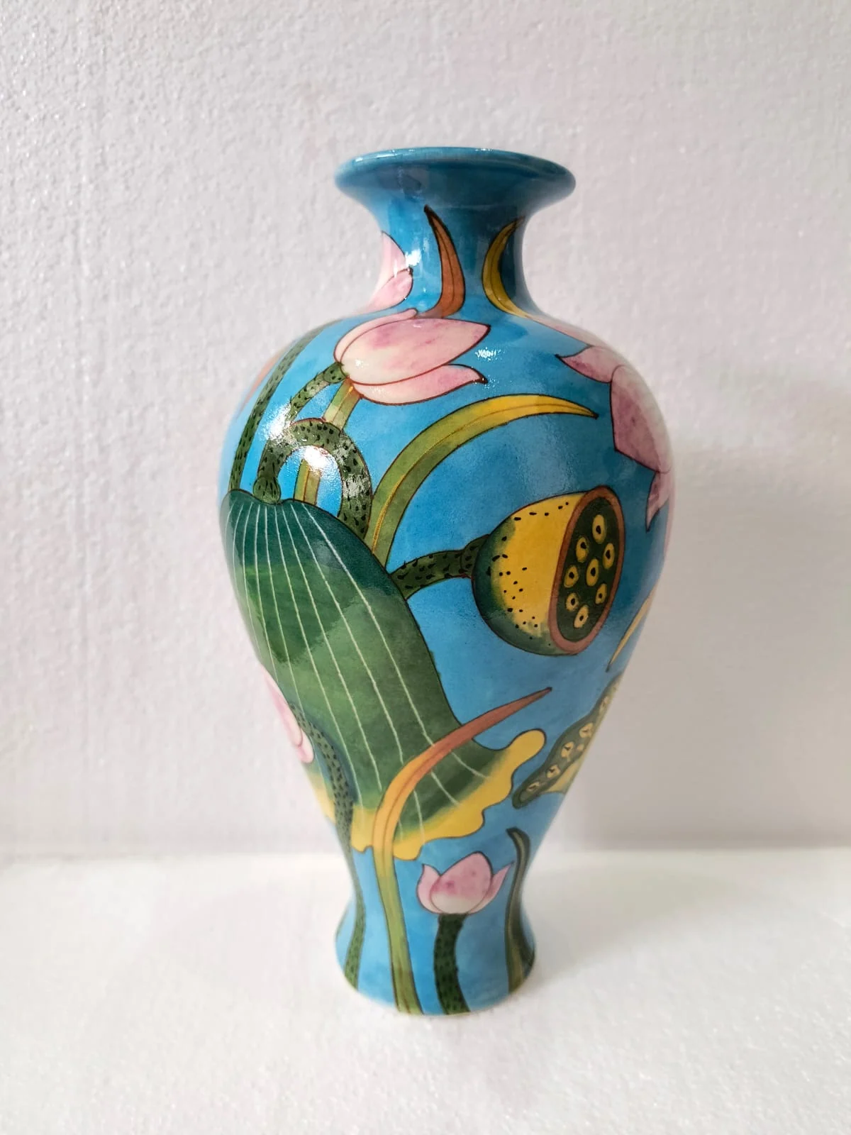 Turquoise Lotus & Fish Vase — handmade Jaipur blue pottery from the Vases & Urns collection
