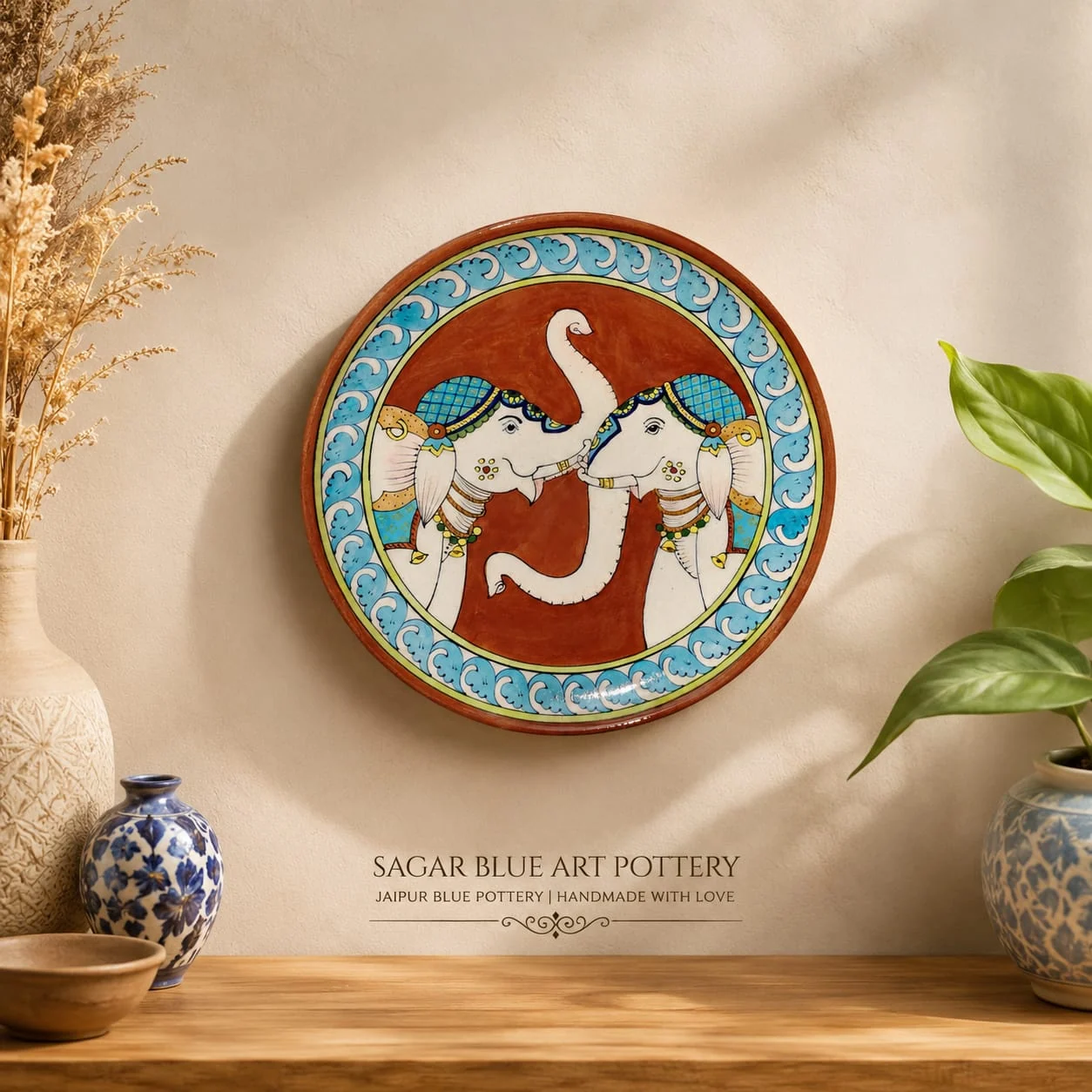 Vermilion Elephant Wall Plate — handmade Jaipur blue pottery from the Home Decor collection