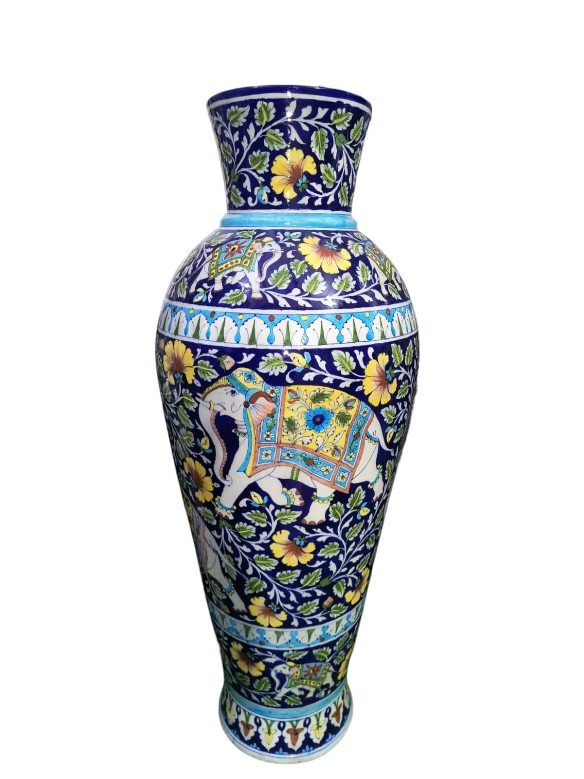 Ivory Elephant Panel Vase — handmade Jaipur blue pottery from the Vases & Urns collection