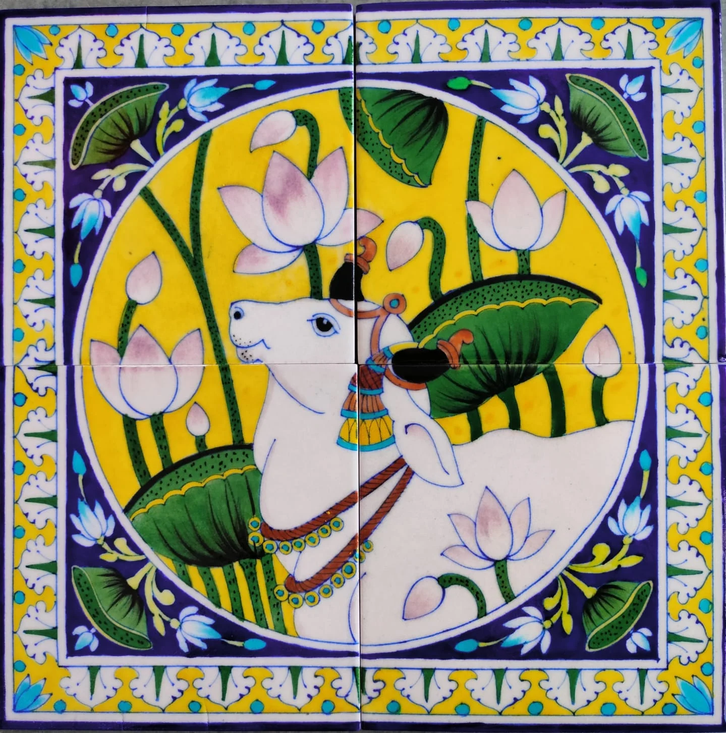 Marigold Kamdhenu Tile Panel — handmade Jaipur blue pottery from the Home Decor collection