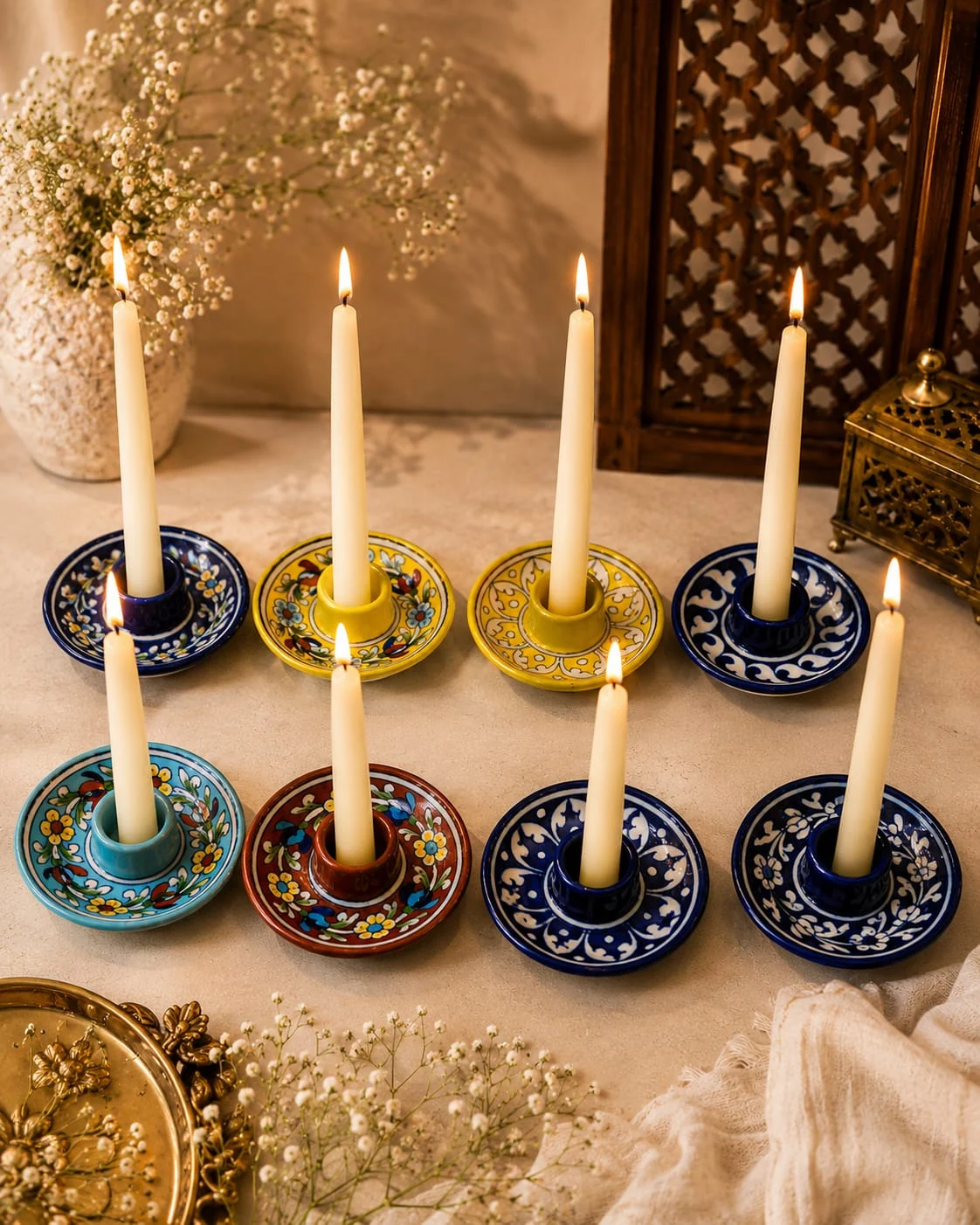 Candle Holder Set — handmade Jaipur blue pottery from the Diyas & Candle Holders collection