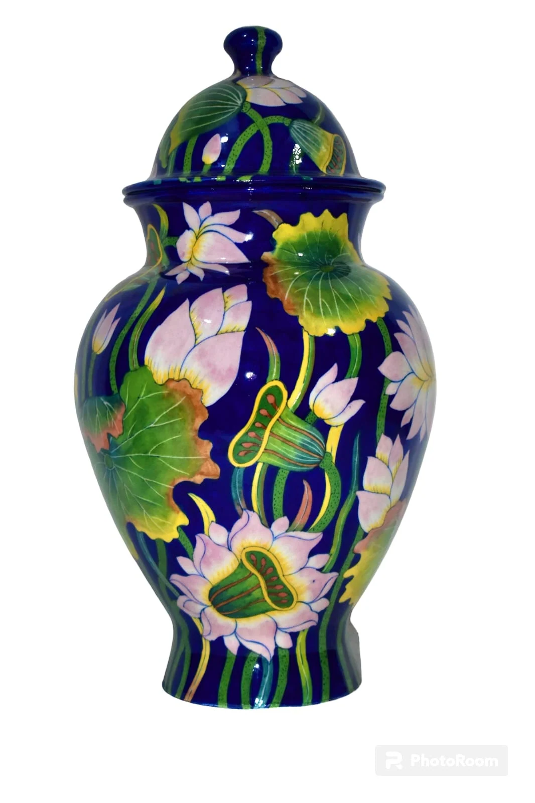 Indigo Lotus Lidded Urn — handmade Jaipur blue pottery from the Vases & Urns collection