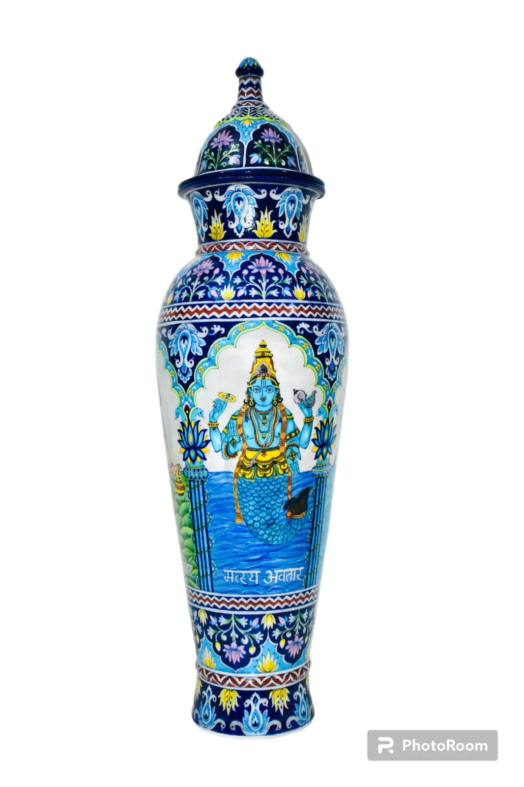 Goddess Panel Temple Urn — handmade Jaipur blue pottery from the Vases & Urns collection