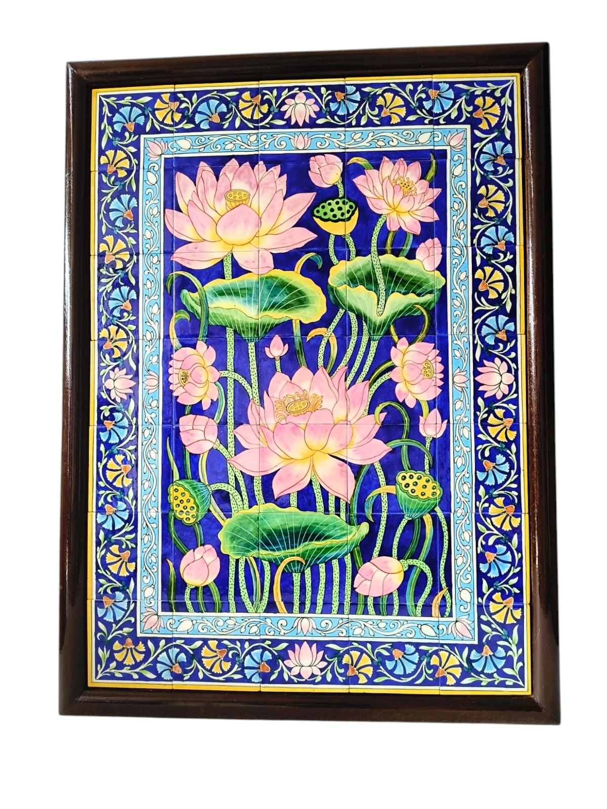 Framed Lotus Panel Mural — handmade Jaipur blue pottery from the Home Decor collection