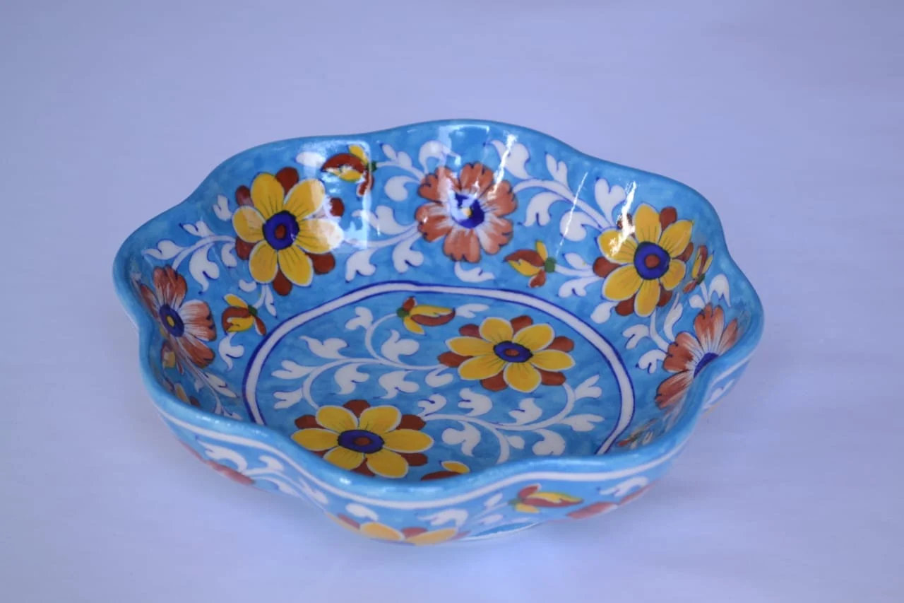 Turquoise Blossom Scalloped Bowl — handmade Jaipur blue pottery from the Serving & Tableware collection