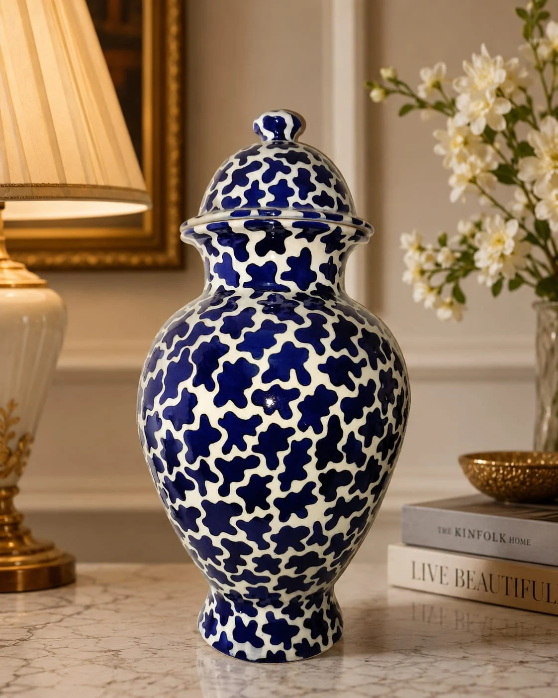 Indigo Vine Urn — handmade Jaipur blue pottery from the Vases & Urns collection