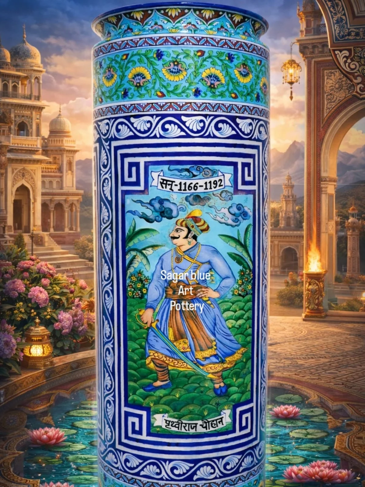 Palace Column Vase — handmade Jaipur blue pottery from the Vases & Urns collection
