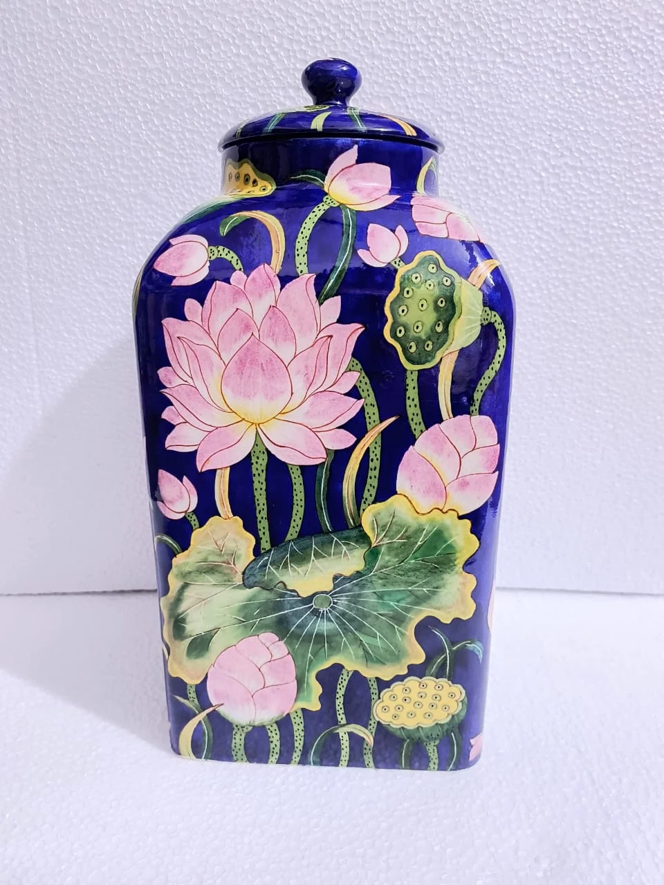 Lotus Pond Square Urn — handmade Jaipur blue pottery from the Vases & Urns collection