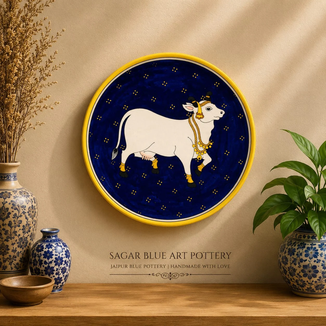 Kamdhenu Wall Plate — handmade Jaipur blue pottery from the Home Decor collection