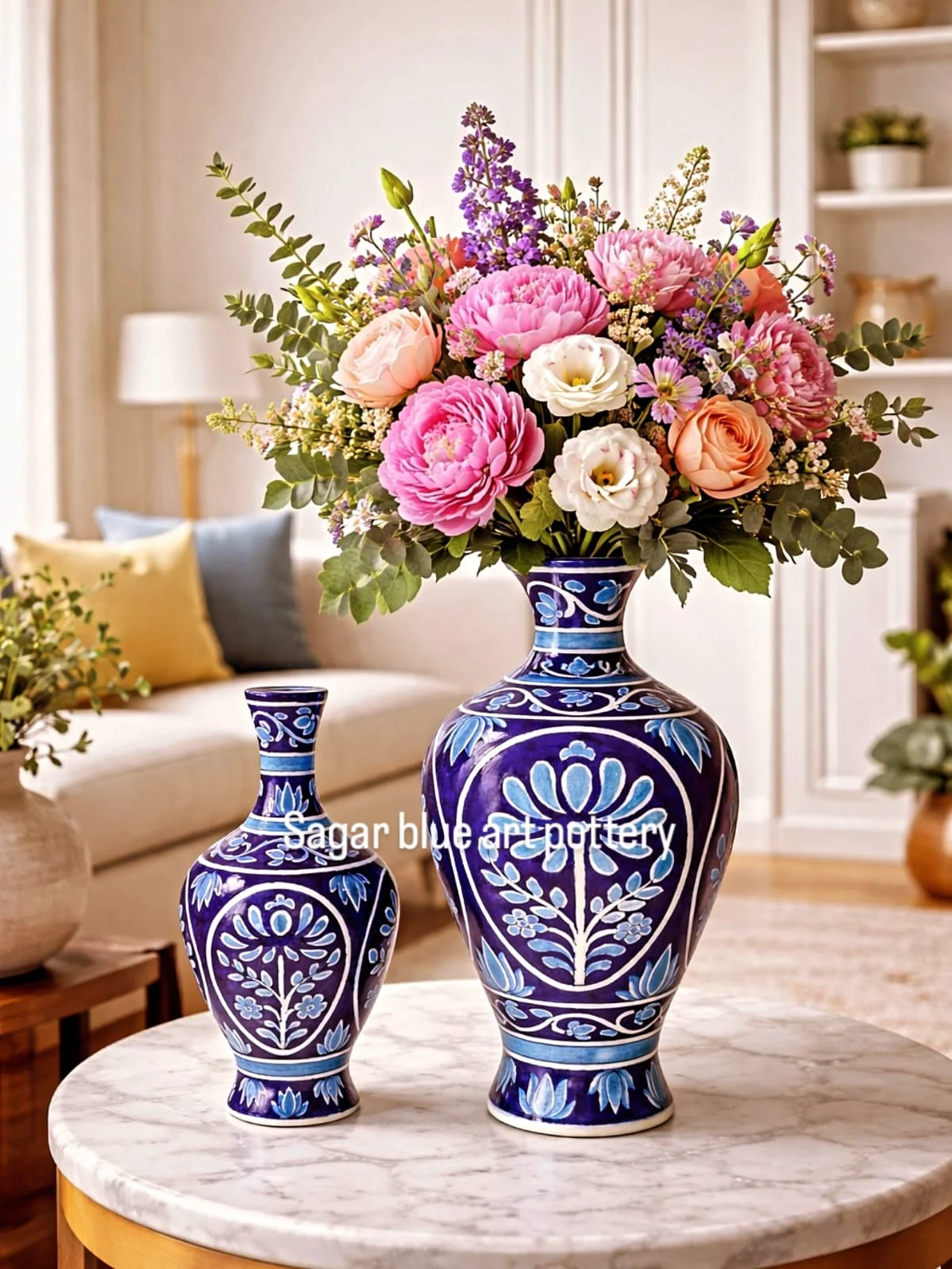 Pair of Indigo Blossom Vases — handmade Jaipur blue pottery from the Home Decor collection