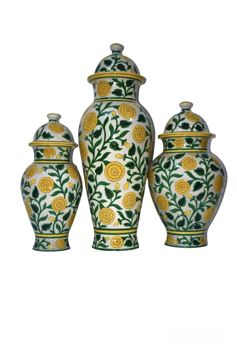 Marigold Vine Urn Trio — handmade Jaipur blue pottery from the Vases & Urns collection