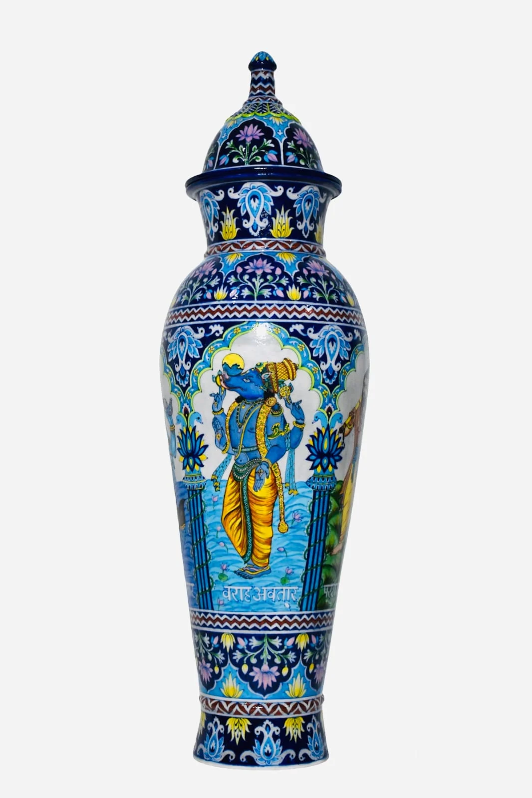 Krishna Panel Temple Urn — handmade Jaipur blue pottery from the Vases & Urns collection