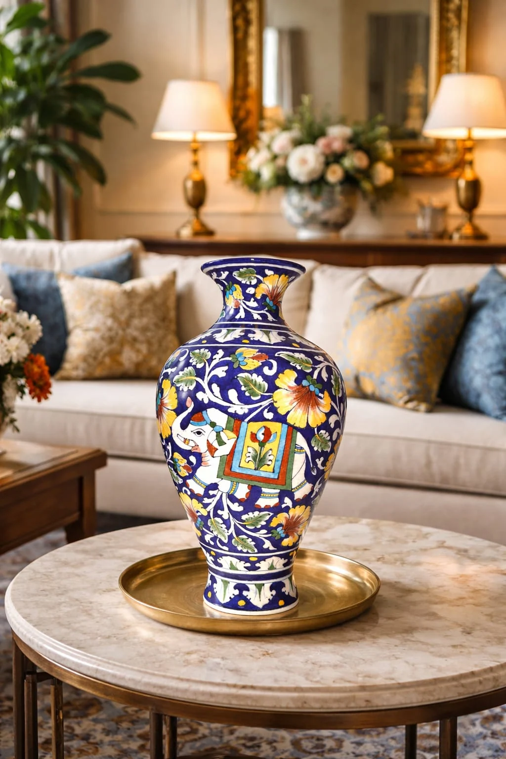 Indigo Figure Panel Vase — handmade Jaipur blue pottery from the Vases & Urns collection
