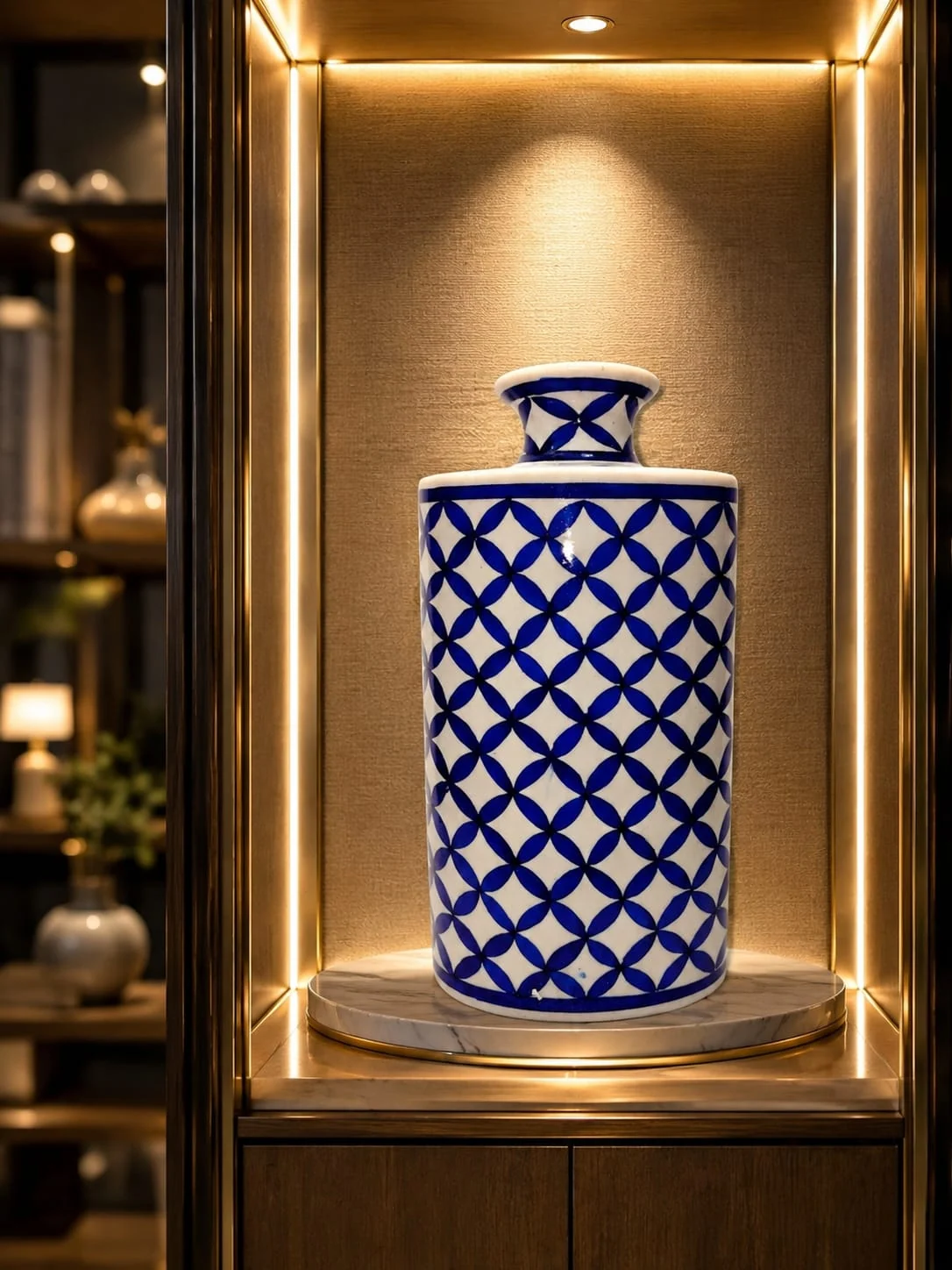 Cobalt Lattice Alcove Vase — handmade Jaipur blue pottery from the Vases & Urns collection