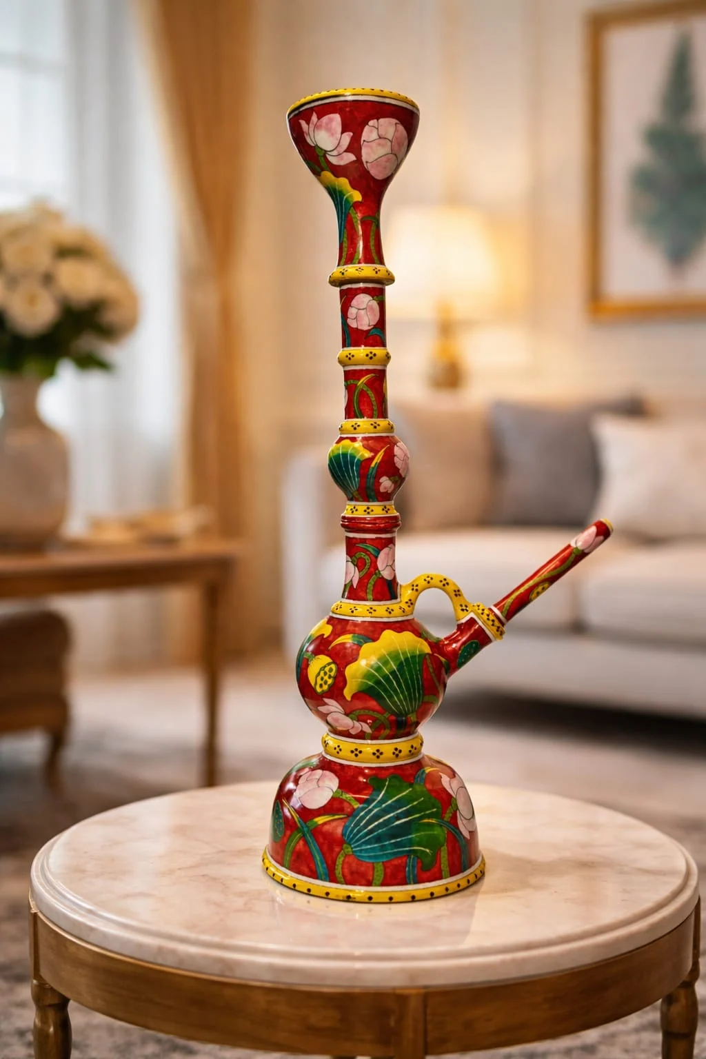 Vermilion Painted Hookah — handmade Jaipur blue pottery from the Utility Products collection