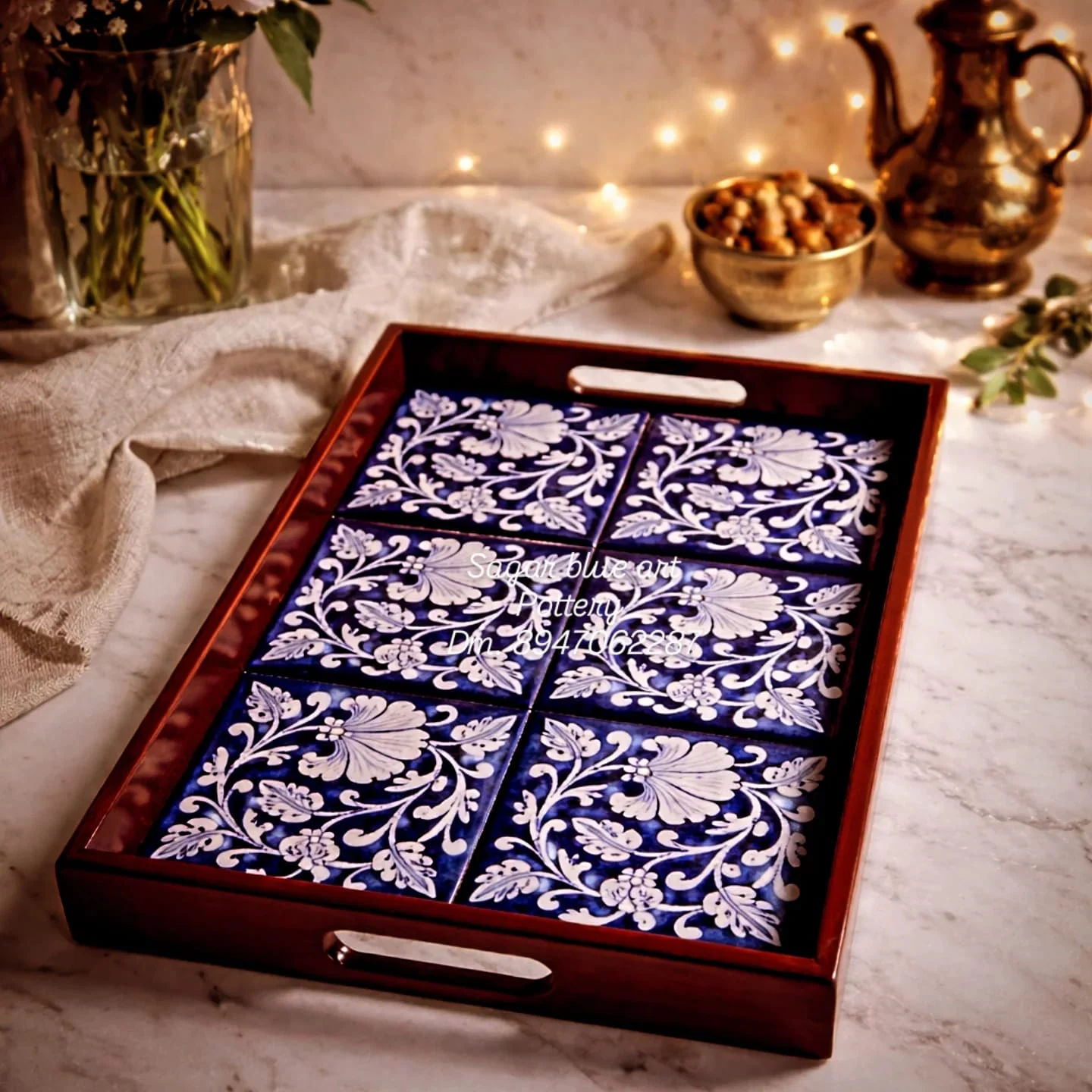 Jasmine Tiled Tray — handmade Jaipur blue pottery from the Utility Products collection